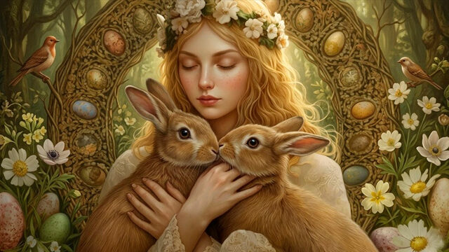 Deusa pagã Ostara associada à primavera e à tradicional Páscoa cristã.