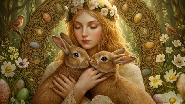 Deusa pagã Ostara associada à primavera e à tradicional Páscoa cristã.