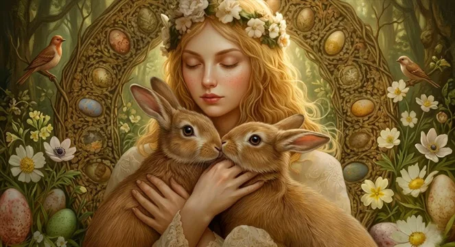 Deusa pagã Ostara associada à primavera e à tradicional Páscoa cristã.